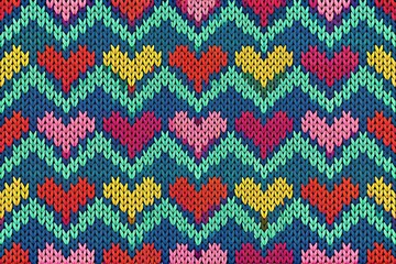 Fototapeta premium A cozy, charming seamless knitted pattern adorned with hearts, perfect for textiles and crafts. Ideal for adding warmth and love to your creations.