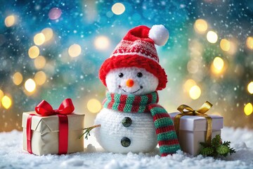 Fototapeta premium A delightful snowman dons a Santa hat and scarf next to colorful gift boxes, set against a snowy bokeh backdrop, ideal for cheerful holiday celebrations.