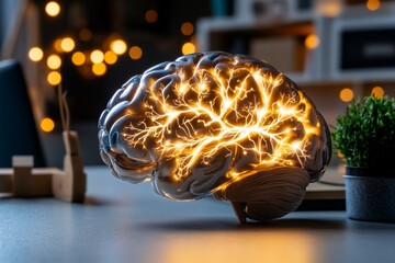 Highly detailed brain glowing with light, symbolizing decision-making and free will, with neural pathways branching in different directions