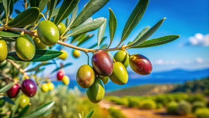 A lush Mediterranean backdrop showcases a close-up of fresh olive fruit, emphasizing its vibrant natural beauty and the rich bounty of nature's fruitful branches.