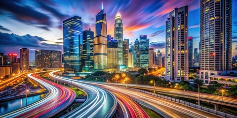 A lively city skyline at night, bursting with dynamic light trails and modern architecture, captures the vibrant energy and excitement of urban life.