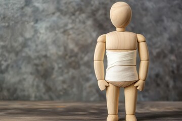 Medical concept of wooden dummy man with stomach injury