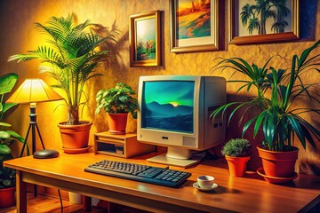 Fototapeta premium A nostalgic 90s home office setup featuring a retro computer, vintage decor, and colorful accents, sparking creative inspiration and warm memories of the past.