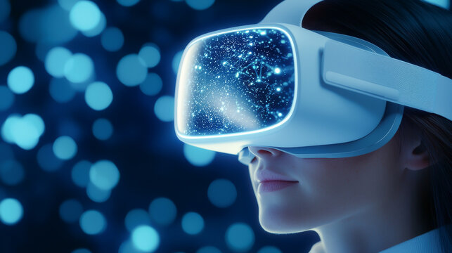 A woman immersed in virtual reality, showcasing innovative technology with a starry backdrop and modern visuals.