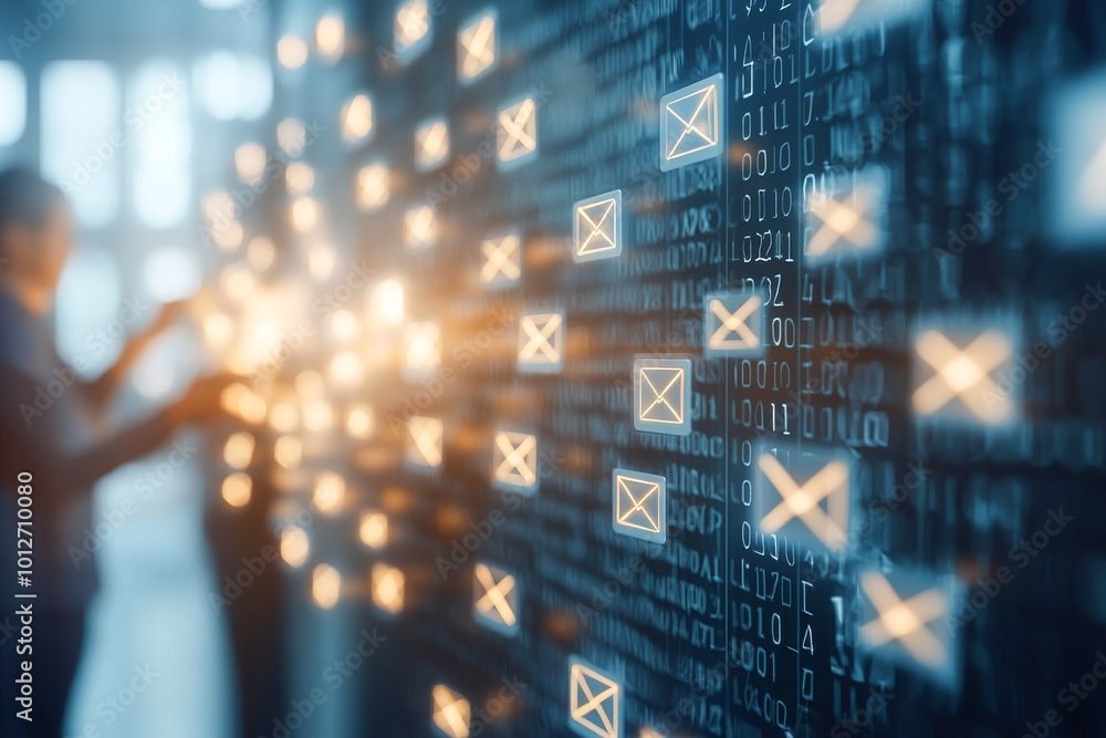 Poster abstract digital interface with glowing email icons, symbolizing communication and technology in a m
