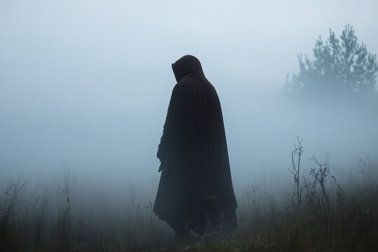 Medieval man in hooded cloak in twilight fog
