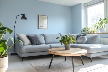 It's a modern Scandinavian interior in the living room, finished with sky-blue walls and with windows and a sofa and table. Generative AI
