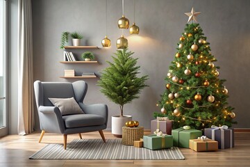 A sleek modern living room features a grey armchair alongside a festive Christmas tree, eco-friendly decor, neatly arranged gift boxes, and elegant New Year's decorations.