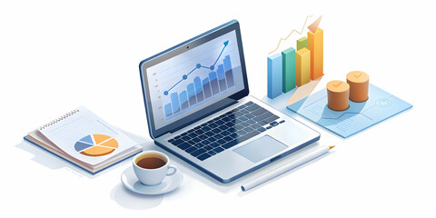 Sophisticated Office Desk with Laptop and Financial Graphs: Elegance and Insight for High-End Financial Services Advertisements