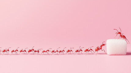  banner featuring a charming procession of ants heading toward a tempting sugar cube on the right.  solid background to highlight the ants' determination, 