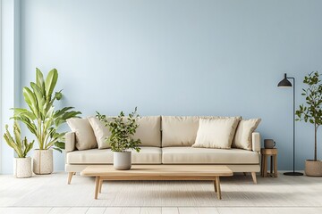 It's a modern Scandinavian interior in the living room, finished with sky-blue walls and with windows and a sofa and table. Generative AI
