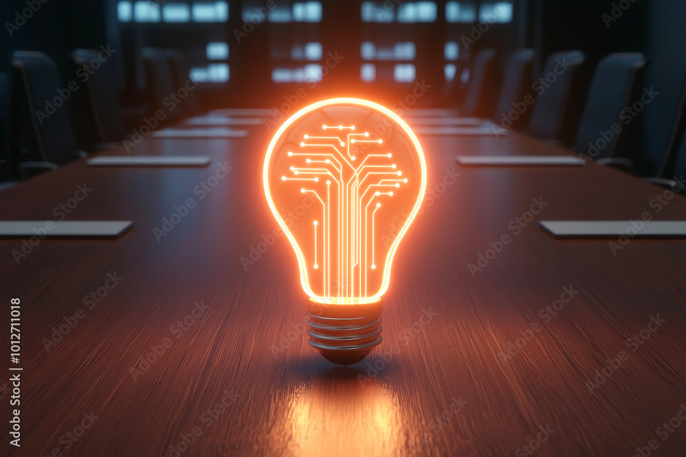 Poster an illuminated light bulb with a circuit design, symbolizing innovation and technology in a corporat