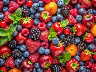 Fototapeta premium A vibrant assortment of fresh strawberries, blueberries, raspberries, and blackberries arranged beautifully on a plate, creating a delightful summer fruit medley for all to enjoy.
