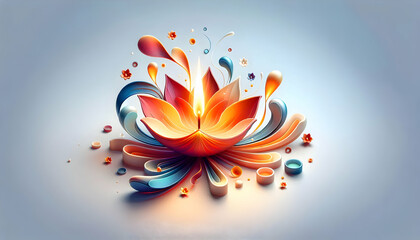 Obraz premium 3D Glowing Diya with a radiant flame and abstract floating flower petals isolated on a white background concept as A clean abstract vector featuring a glowing diya with a radiant flame accompanied by 