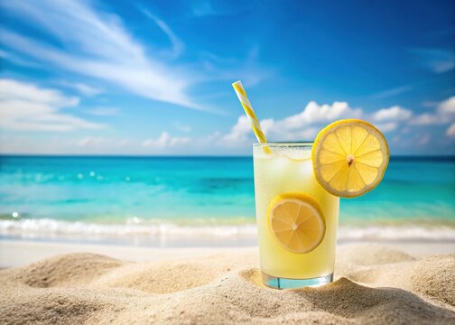 A vibrant lemonade adorned with a lemon slice and blue straw rests on a white sandy beach, its bright colors contrasting against the softly blurred sea backdrop.