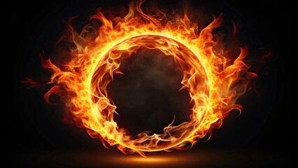 Forced perspective round fire shape flame isolated on black