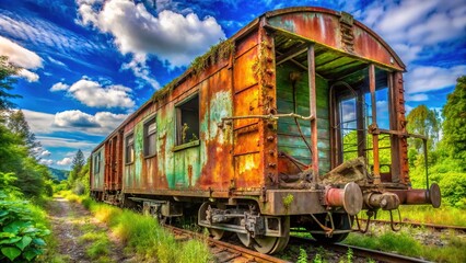 Obraz premium An abandoned freight train carriage, a rusty relic, epitomizes decay and nature's reclamation, showcasing vibrant overgrowth that intertwines with the remnants of its storied past.