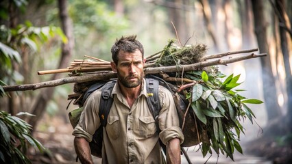 Fototapeta premium Survivalist Carrying Sticks and Leaves in Nature