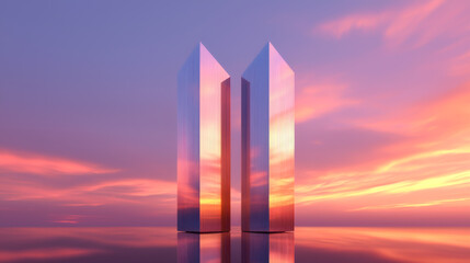 Modern skyscrapers silhouette against a vibrant sunset sky with purple and orange hues, reflecting light on a tranquil surface.