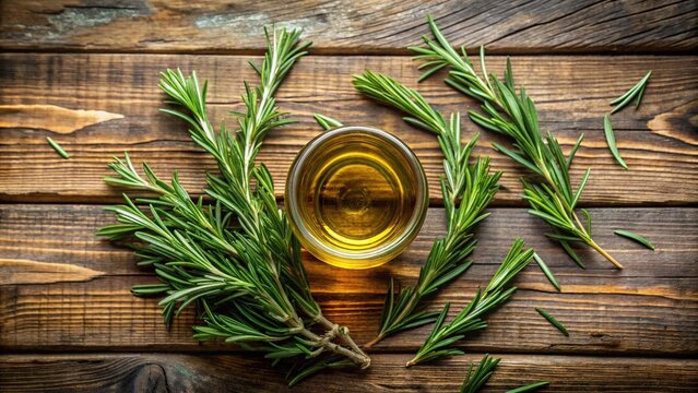 Aromatic oil infused with fresh rosemary sprigs sits elegantly on a rustic wooden table, inspiring culinary creativity and enhancing dishes with its fragrant essence.