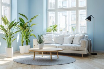It's a modern Scandinavian interior in the living room, finished with sky-blue walls and with windows and a sofa and table. Generative AI
