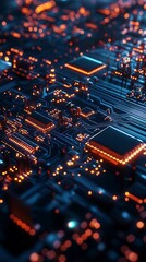 Obraz premium Blue computer screen background illuminated by strands of orange wires