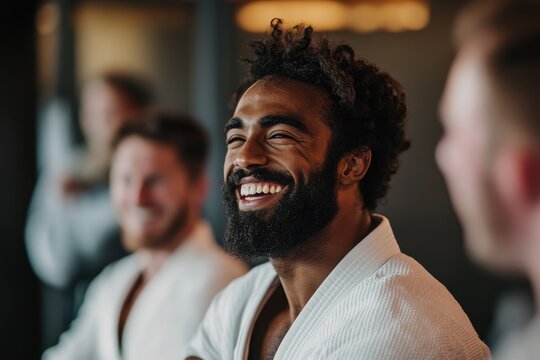 Men train and have fun in gym learning self defense skills martial arts and MMA