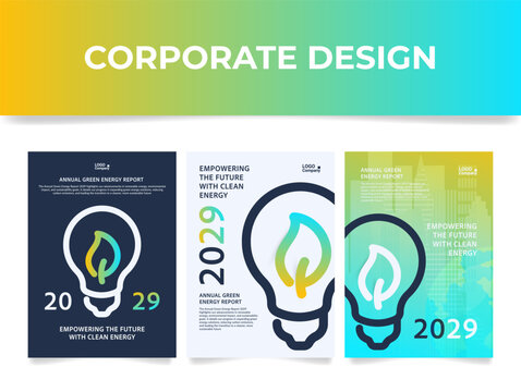 Covers of the annual report on green energy initiatives for the past year, including innovative corporate projects for the next