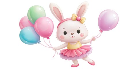 Charming cartoon ballerina rabbit holding a balloon, perfect for kids' art. Ideal for nursery decor and delightful children's party decorations to spark imagination and joy.