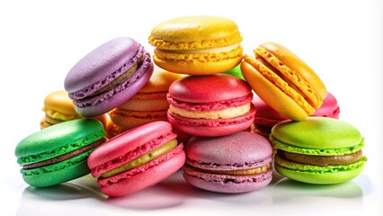Colorful macaroons on a white background create a vibrant treat, perfect for dessert lovers and anyone with a sweet tooth seeking delightful indulgence.