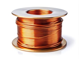 Copper wire spool on a pristine white background, perfect for showcasing its versatility in industrial and electrical applications, emphasizing quality and reliability for various uses.