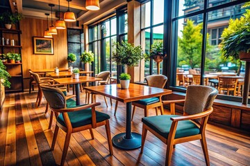 Naklejka premium Cozy Empty Wood Table and Chairs in Modern Coffee Shop Interior Ideal for Relaxing or Working in a Cafe Environment