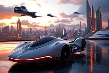 Minimalist depiction of tomorrowâ€™s world, with a sleek futuristic cityscape and simple flying vehicles silhouetted against a glowing sky