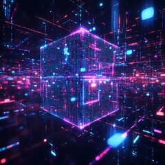 Fototapeta premium Neon cube bathed in striking blue and pink light patterns