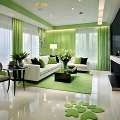modern green interior design with sofa, bouquet and curtain.