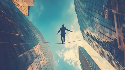 A businessman carefully walking on a tightrope stretched between two skyscrapers, representing the risk and challenge associated with high-stakes decisions