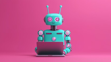 Cute Robotic Assistant Working on Laptop Against Pink Background