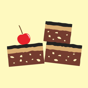 Piece slice brownie cake side view with red cherry vector