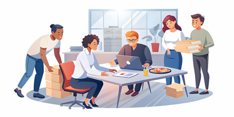 Team working late with pizza boxes concept as A candid shot of a team working late into the evening with pizza boxes scattered around a bright office with white walls highlighting dedication and teamw