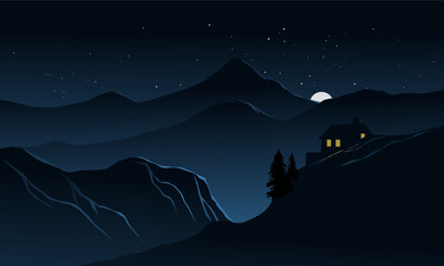 Obraz premium Beautiful calm night over mountains with a cabin on the hill, rising moon and stars