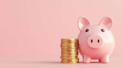 Stacked Coins Next to Pink Piggy Bank on Pink Background