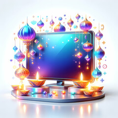 3D Glossy TV Screen with Holographic Diwali Lanterns and Floating Diyas Isolated on White Background - Perfect for Diwali Celebrations and Events
