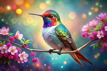 Fototapeta premium Vibrant watercolor hummingbird perched on a branch adorned with flowers, creating a stunning artistic design that