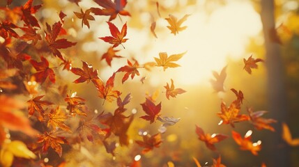 Falling Autumn Leaves in Golden Sunlight