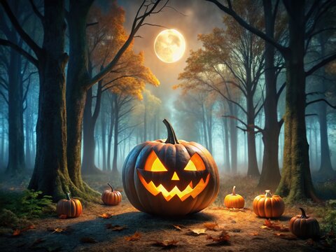 Hauntingly beautiful Halloween pumpkin scene set amidst shadowy woods, creating an eerily enchanting atmosphere perfect for festive decorations and themed celebrations. Magic and mystery abound.
