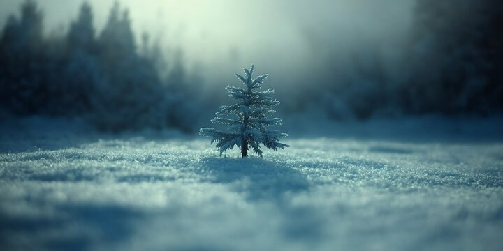 A single pine tree stands in a snowy field.