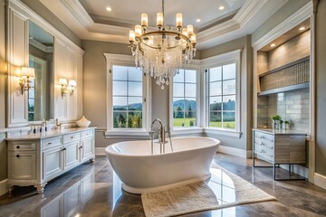 Fototapeta premium Forced perspective stylish bathroom with luxurious soaking tub and sparkling chandelier