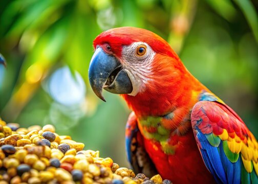 Parrocchetto mangia: Vibrant Green Bird Feeding on Seeds in a Natural Habitat, Captivating Wildlife Photography for Nature Lovers