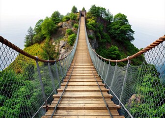 Obraz premium Rope bridge on a transparent background, perfect for creative designs focused on adventure and nature themes, enhancing marketing materials with a sense of exploration and excitement.