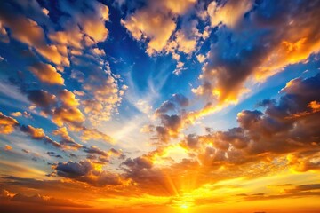 Fototapeta premium Forced perspective sunset with orange yellow sunlight on blue sky background